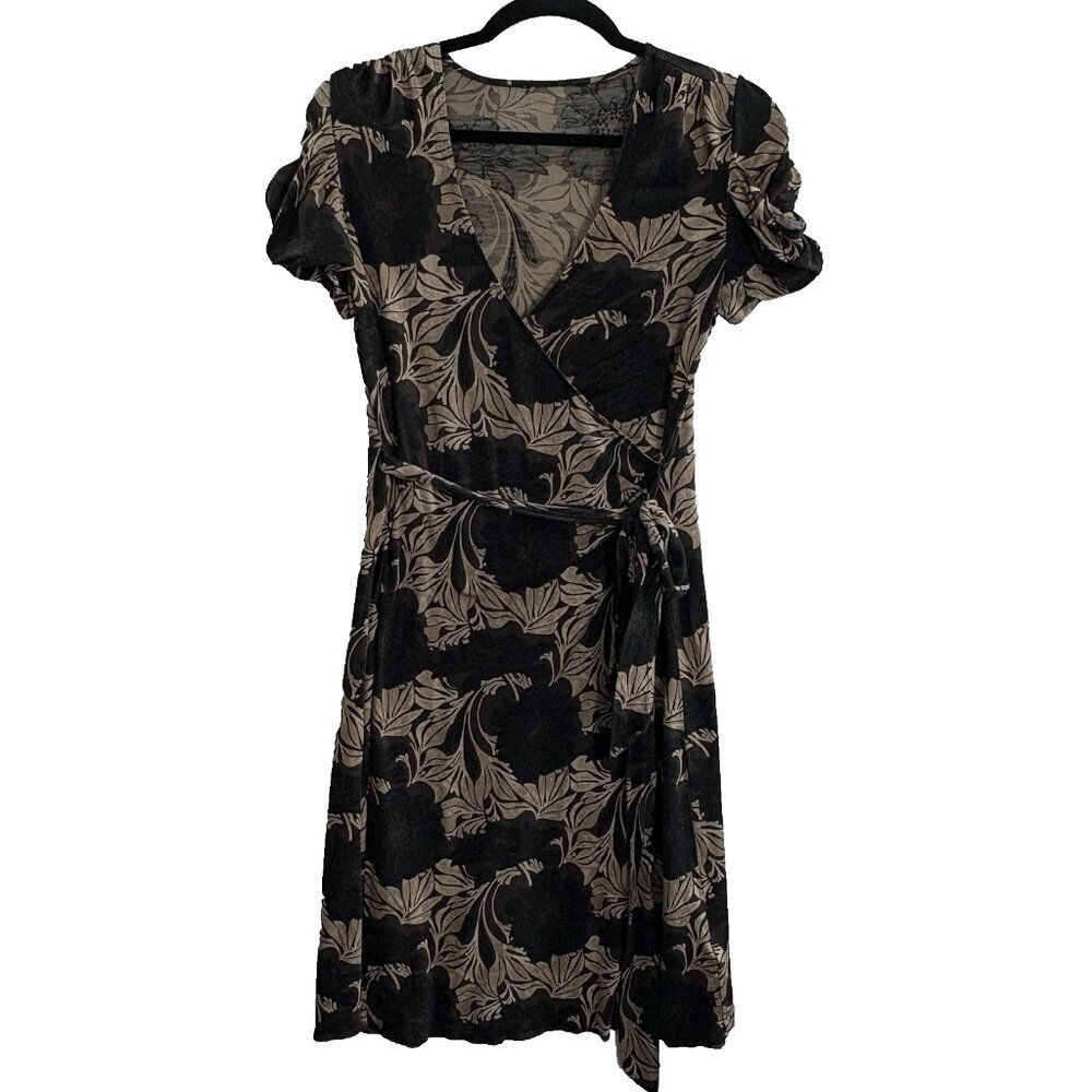 Banana Republic Silk Wool Blend V Neck Faux Wrap Dress Sz M Brown Floral 71-12